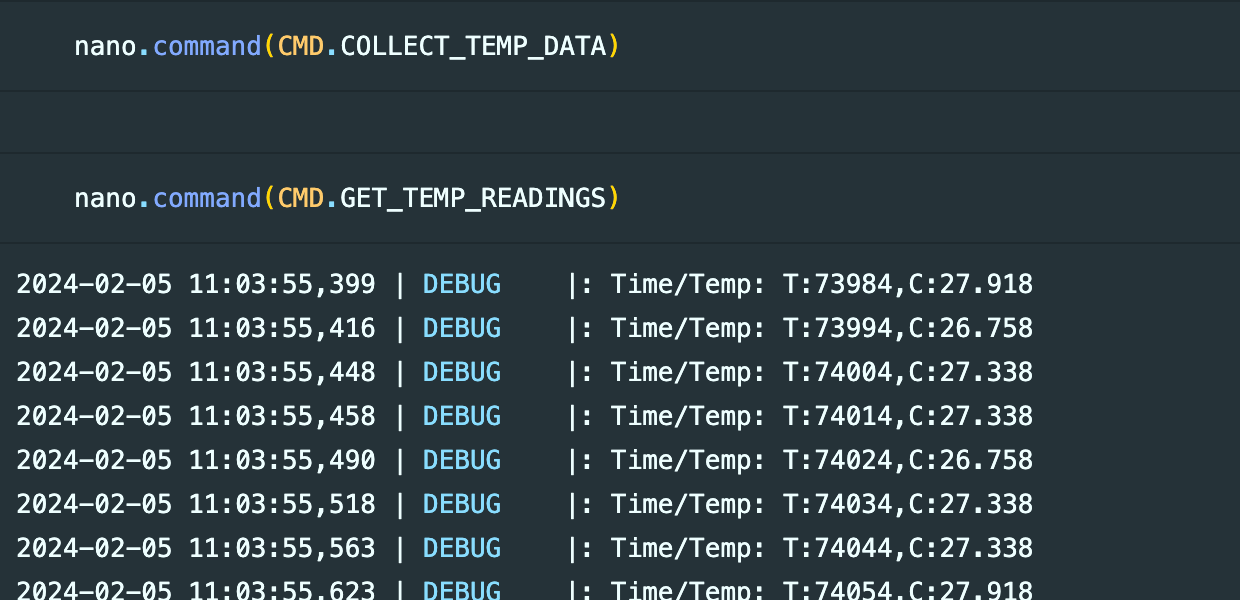 Jupyter COLLECT_TEMP_DATA and GET_TEMP_READINGS commands