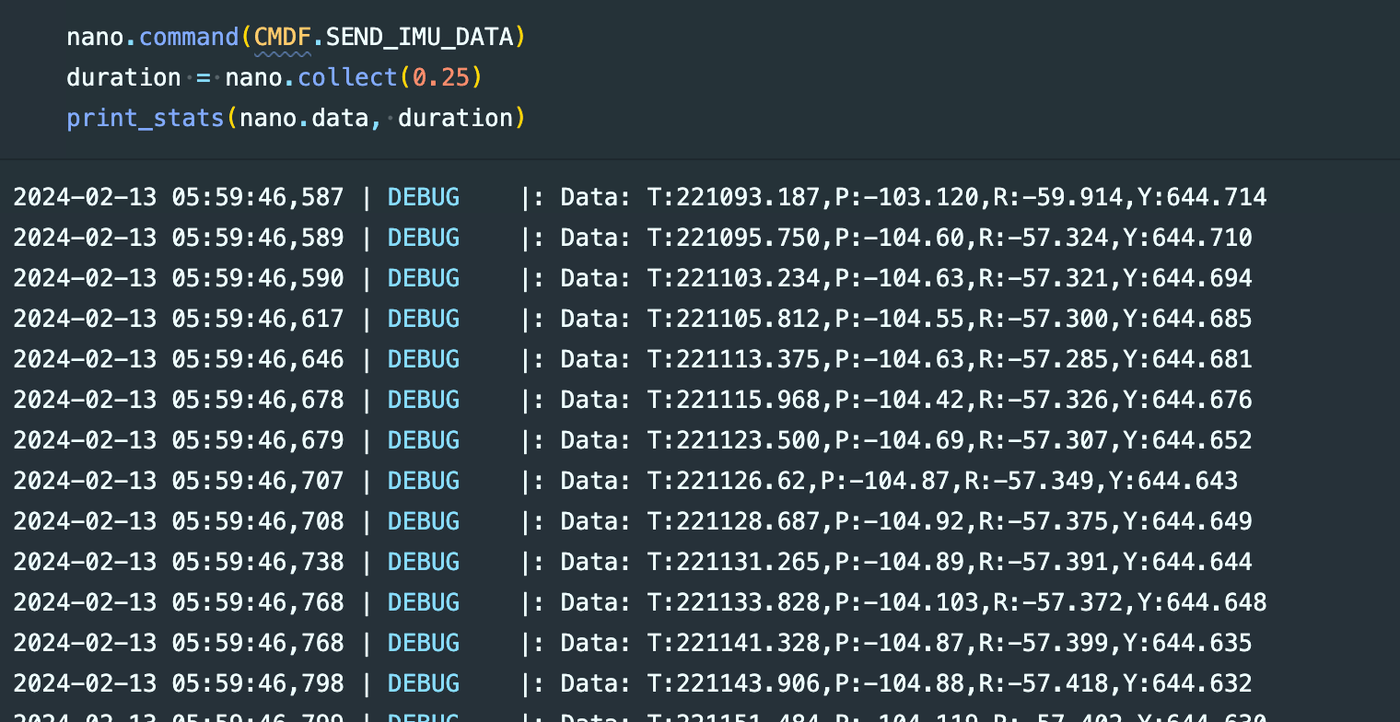 Jupyter SEND_IMU_DATA command