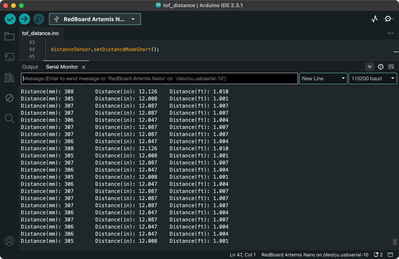 Arduino serial monitor of short mode ToF data