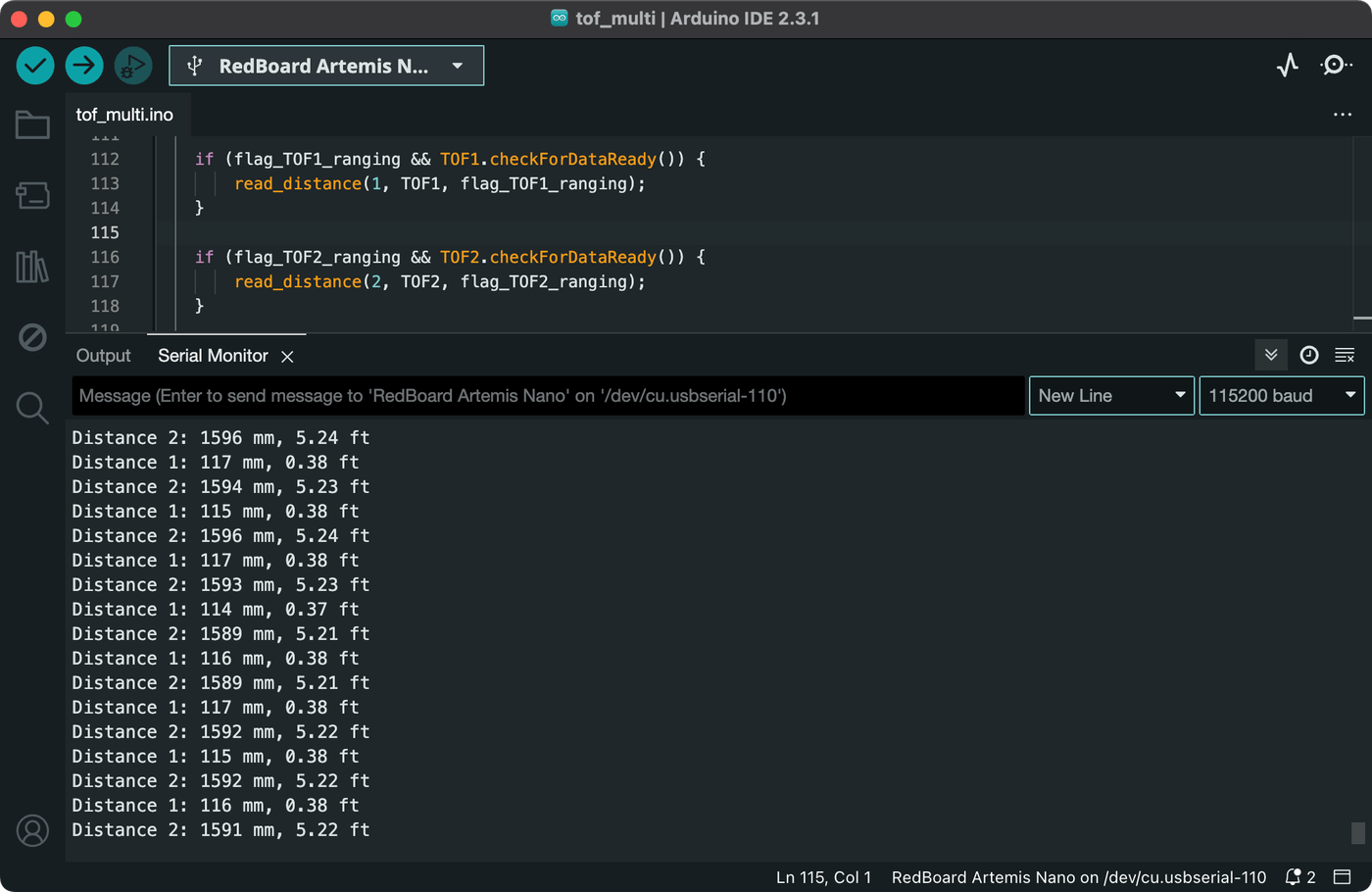 Arduino serial monitor of both ToF sensors